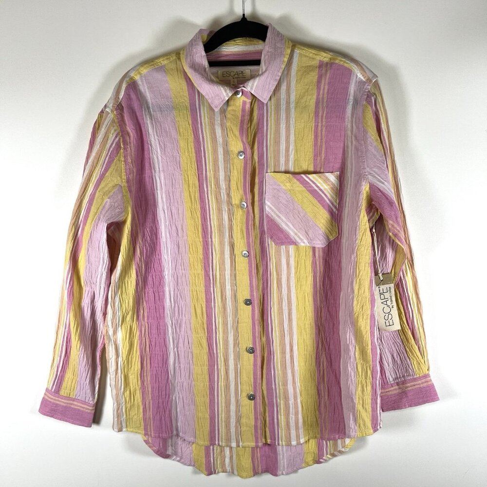 Escape By Habitat Pink Yellow Striped Blouse Sz S Tunic‎ Gauze Beachy Resort NWT